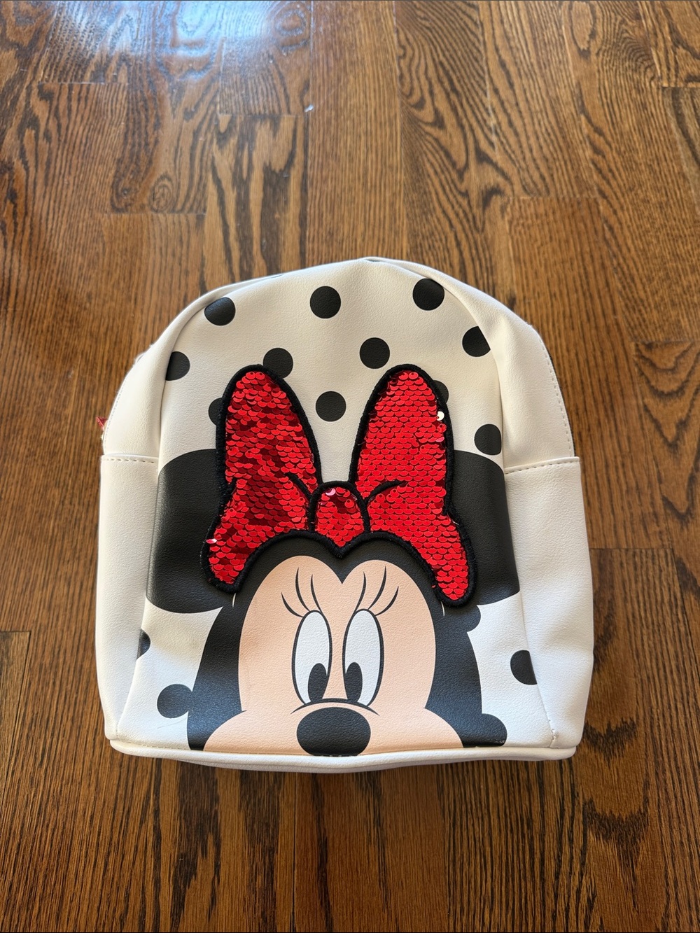 Disney Kids White Polka Dot Minnie Backpack with Red Sequin Bow